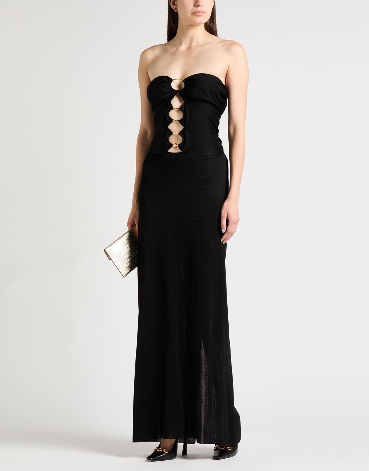 Tom Ford black strapless maxi dress, a gold ring-detailed, tie back size S