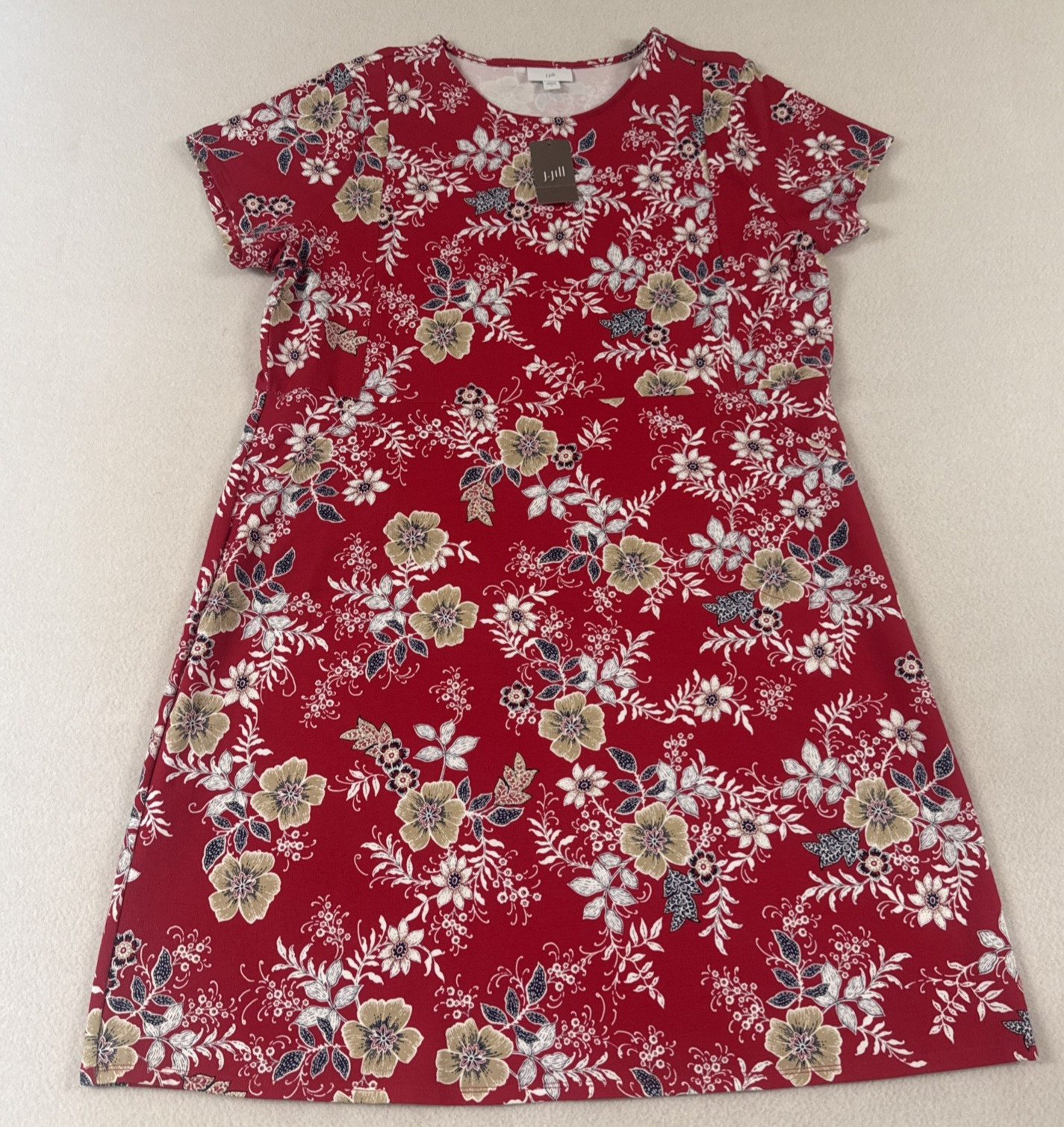 J. Jill Women’s Dress Red Floral Short Sleeve Midi T-Shirt Feel Cherry Blossom