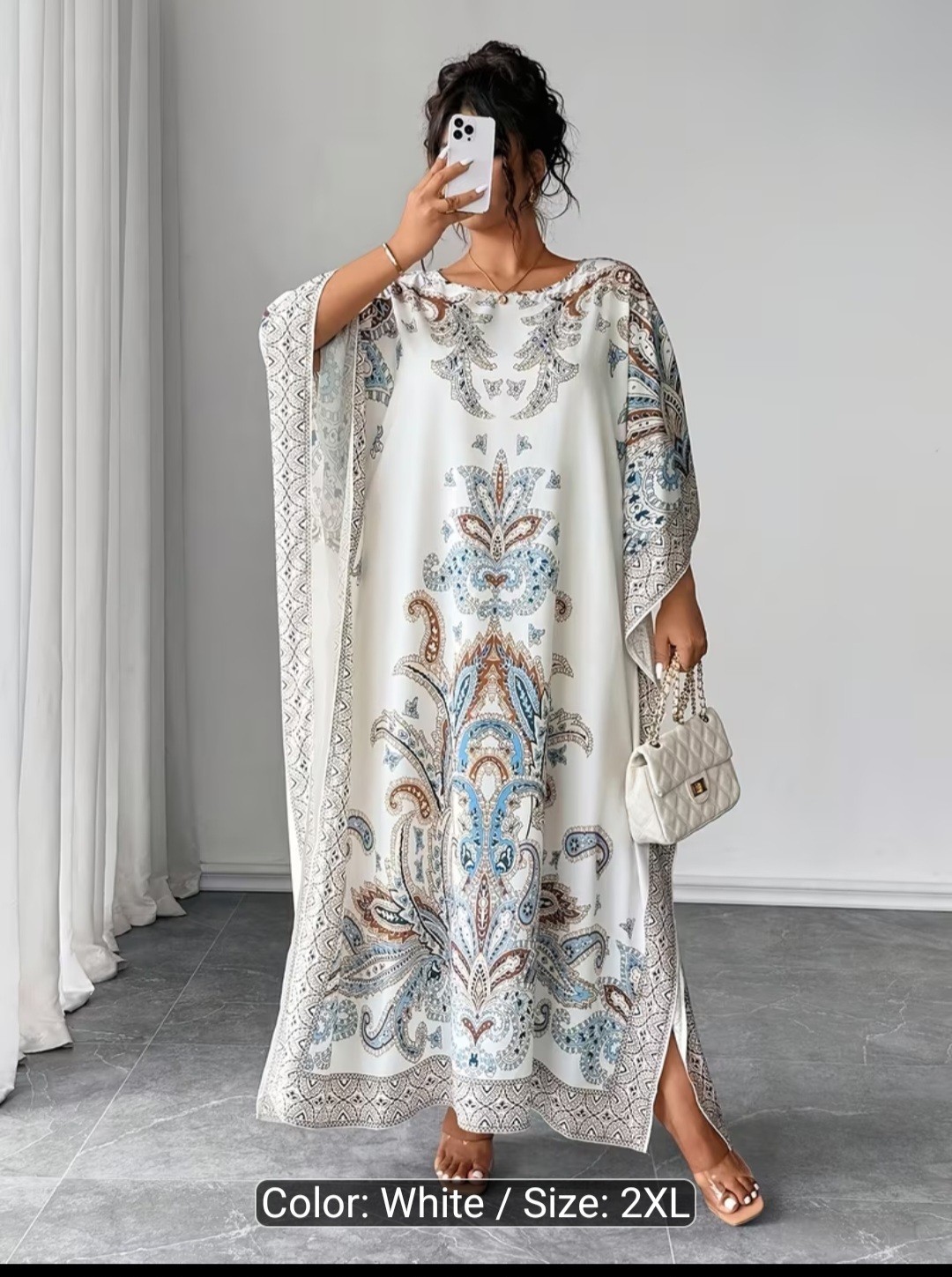 White Blue Brown Paisley Kaftan Maxi Dress Round Neck Pullover Women’s Plus 2XL