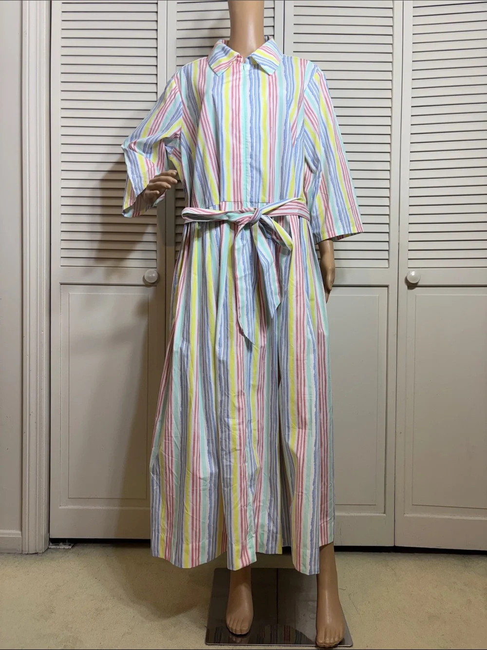 eshakti Pastel Multi-Color Striped Midi Shirt Poplin Cotton Zip Closure Dress 2X