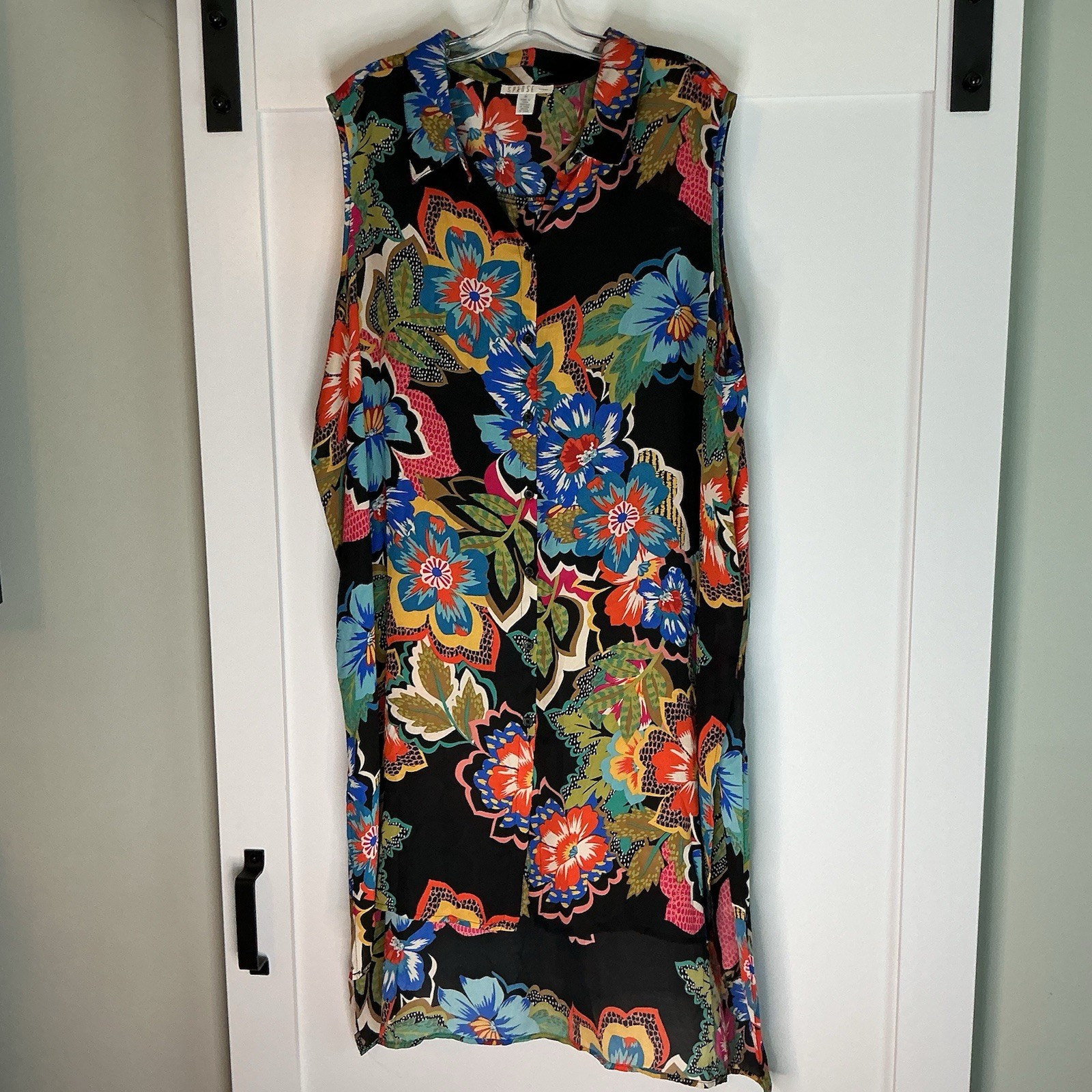 SPENSE Women’s Size 3X Sleeveless Shirt Duster Black Paisley Floral Midi Boho