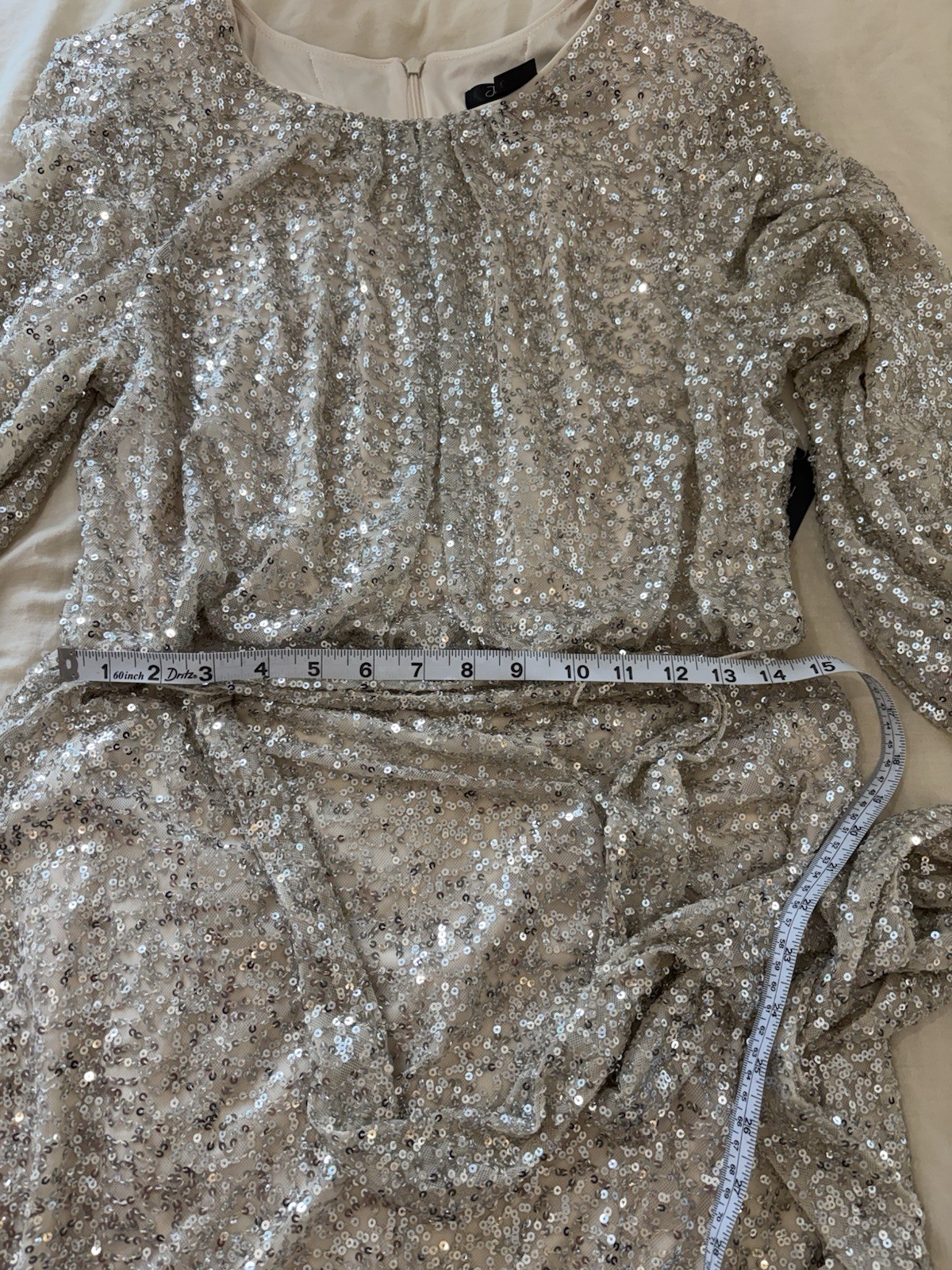 Jessica Howard Gold Sequin Sheath Dress Balloon Long Sleeve Round Neck 14P