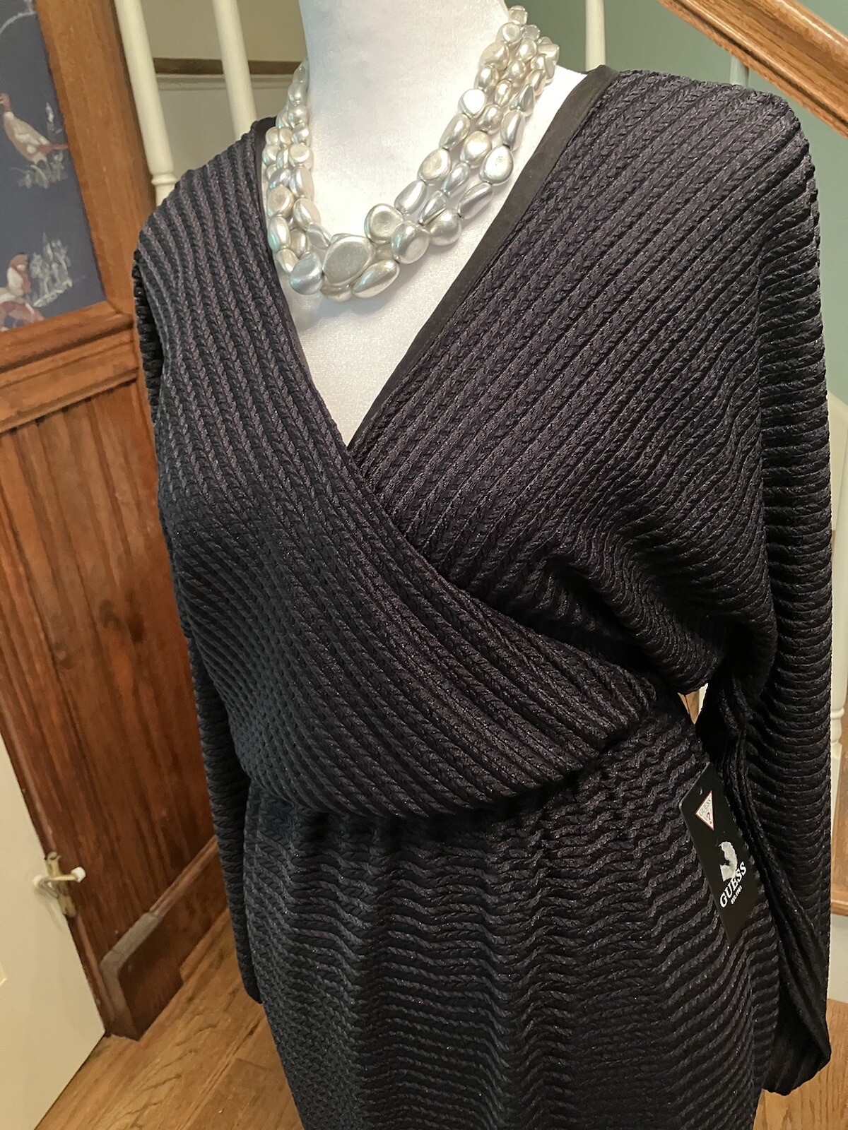 NEW Guess Black Mock Wrap Designer Dress Textured Nylon Poly Fabric Size S Lined