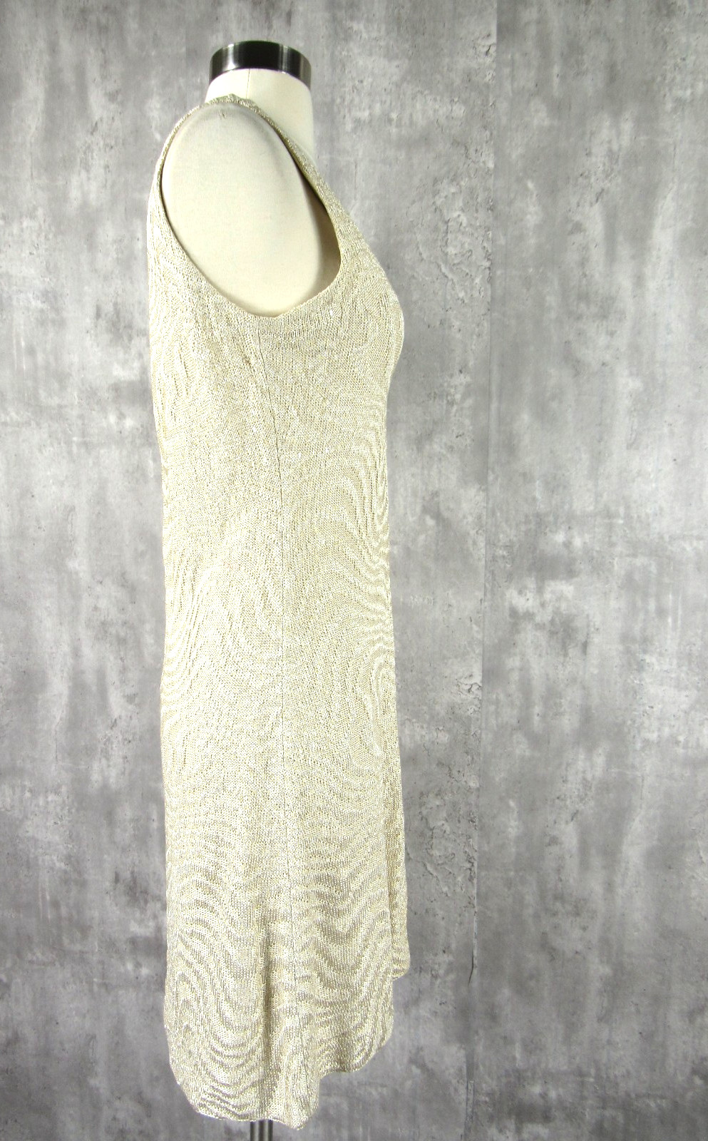 St John Evening Ivory Gold Metallic Knit Crystal Sequins Sleeveless Dress Size 6