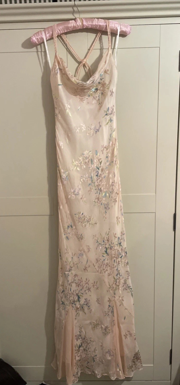 90s Monsoon bias cut Silk Floral Long Dress UK 8 Baby Pink Y2k Embellished