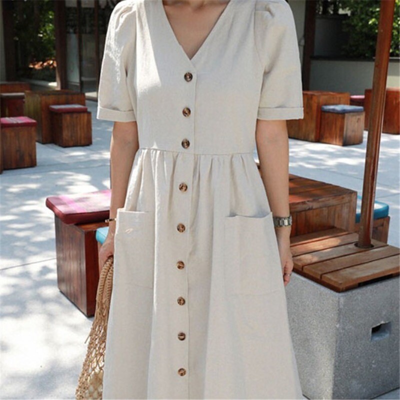 Womens Cotton Blend Dress V-neck Long Belt Button Loose Casual Fairy Apricot New