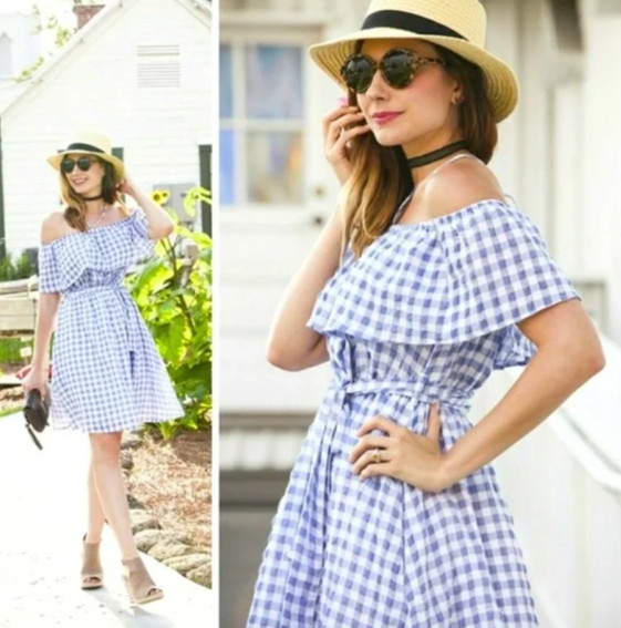 NWT 11•1•Tylho ANTHROPOLOGIE Kinsey Gingham Ruffled Off The Shoulder Dress M