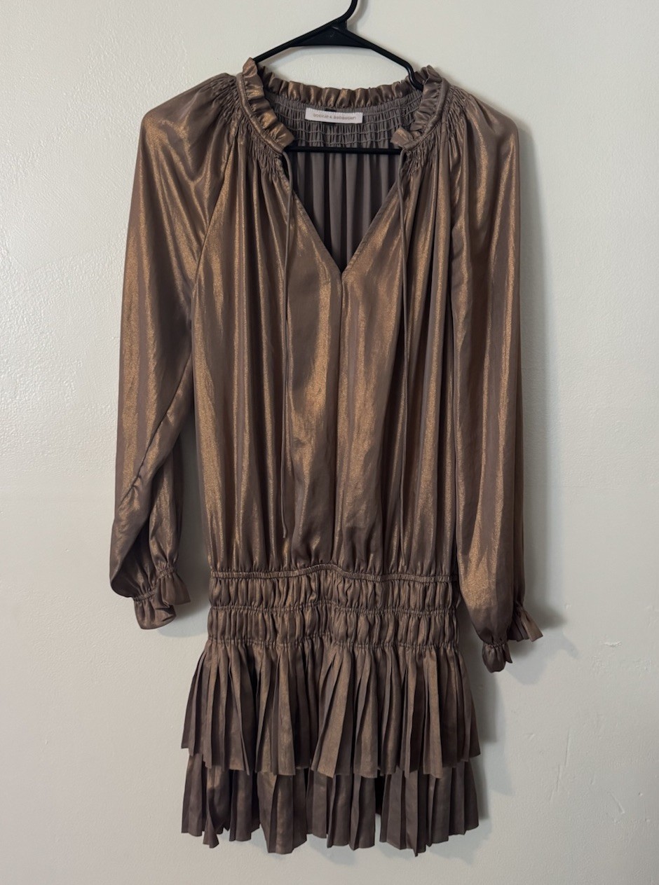Pookie & Sebastian Bronze Satin Dress | Metallic Smocked Long Sleeve