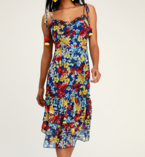 LULUS BLUE FLORAL PRINT TIE-STRAP MIDI DRESS – Vacay Sera Sera – NEW – XL