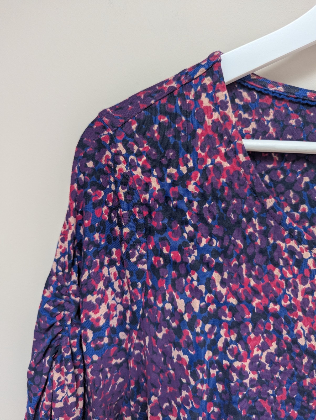 Fat Face Purple & Blue Abstract Print Dress Size 10 Jersey Stretch Ruched Sleeve