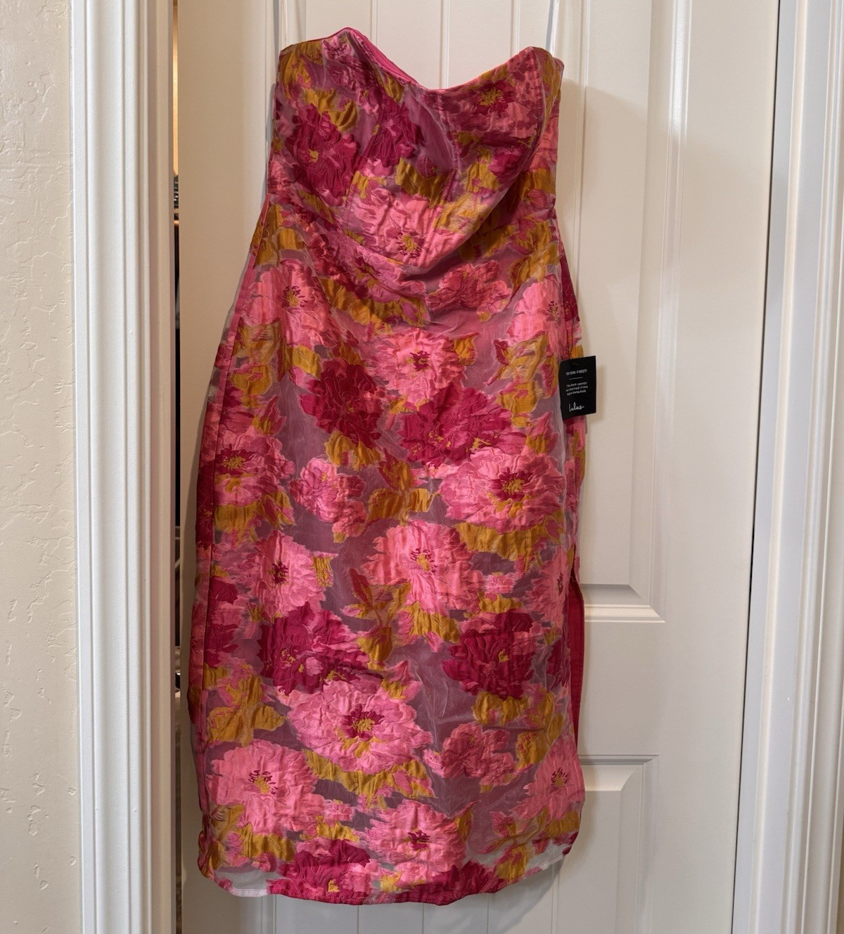 Lulus Pink Gold Floral Jacquard Strapless Sheath Knee Length Dress L