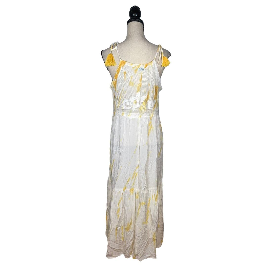 Blue Island Yellow White Tie Dye Floral Mesh Midi Dress Size: XS