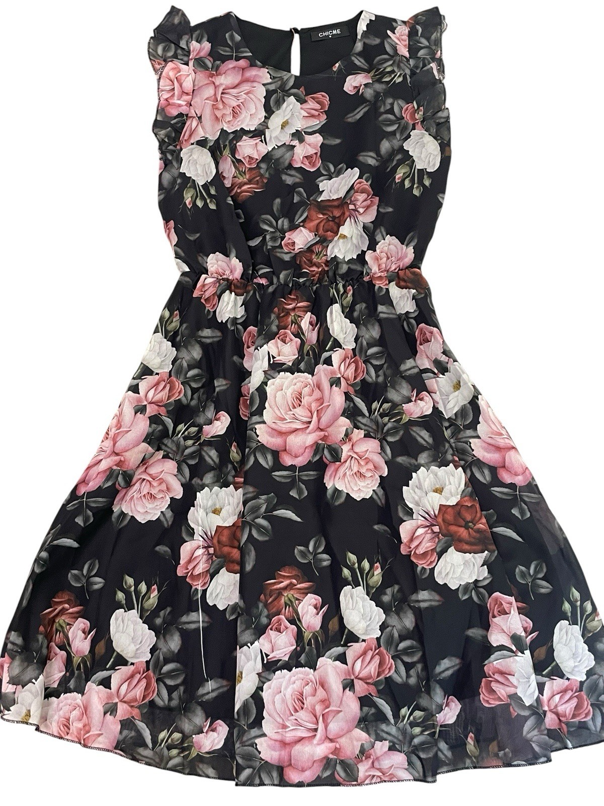 CHICME Chic Me Black Rose Floral Sleeveless Lightweight Tank Sun Dress Medium MD