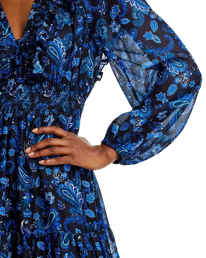 Aqua Blue/Black Paisley Print Tiered Maxi Dress L82014 Womens Size S