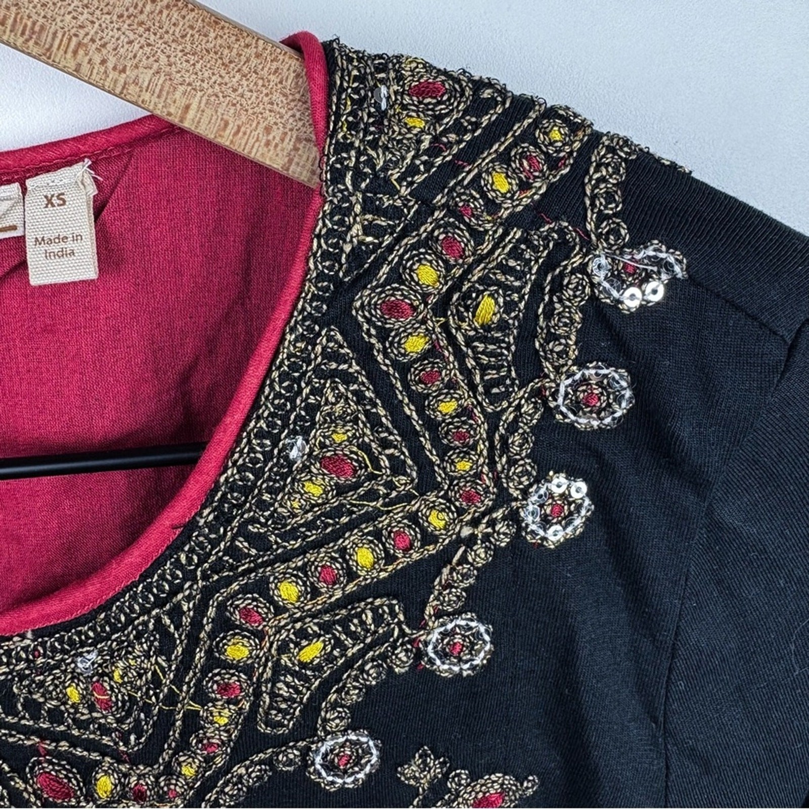 Soft Surroundings Beaded Embroidered Caftan Kaftan Maxi Dress Black Gold Red XS