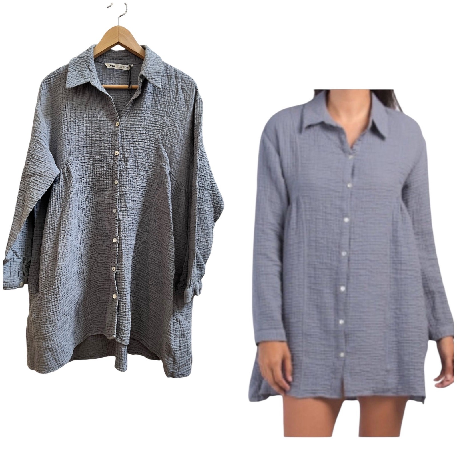 Zara Gauzy Pocket Button Down Babydoll Tunic Mini Dress Size Medium