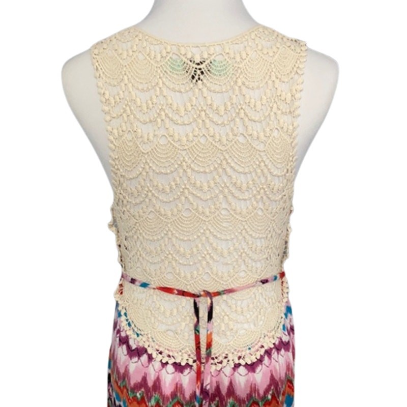 Karlie Red Maxi Dress Medium Multicolor Crochet Open Back Boho Festival Chevron