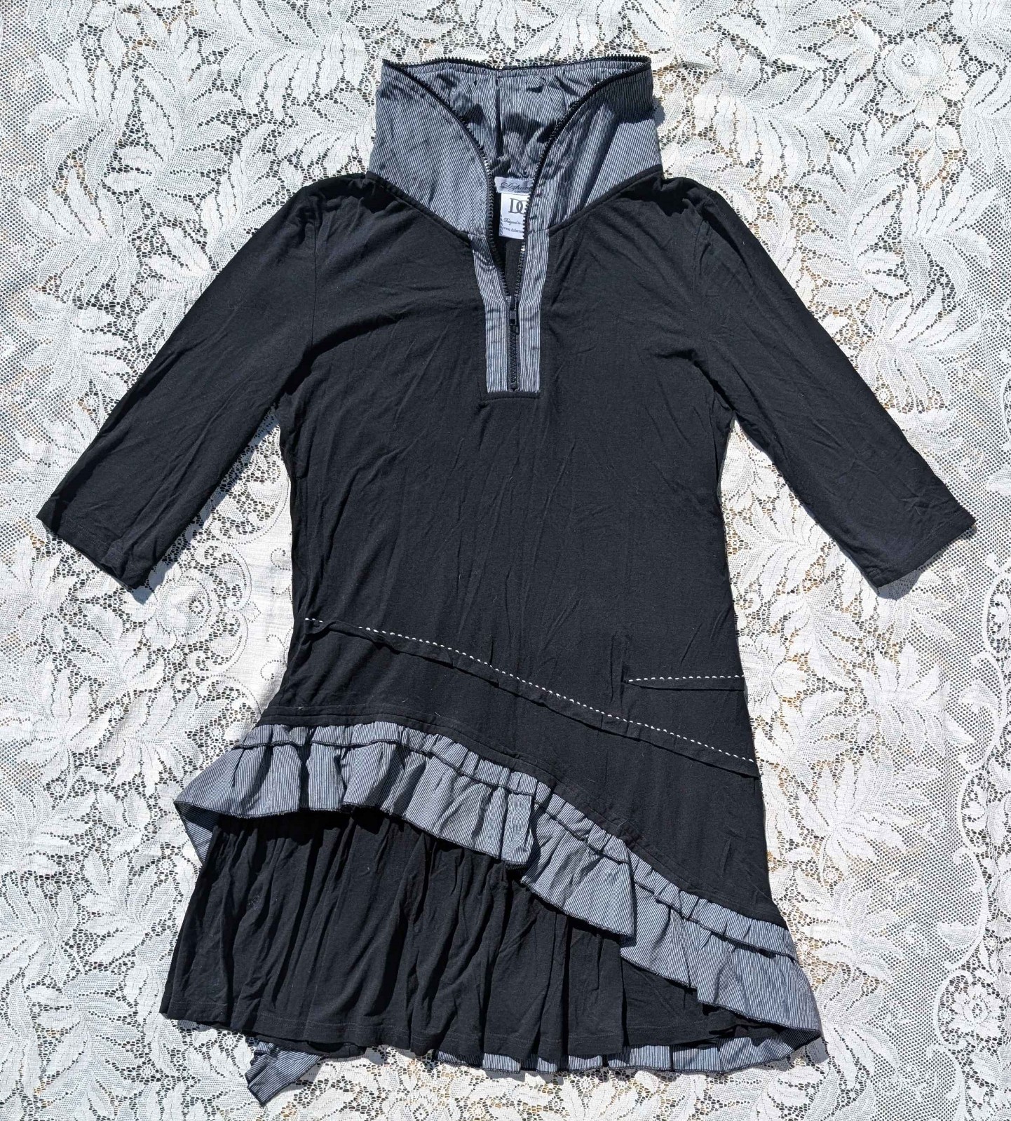 Dzhavael Vintage 90s Y2K Emo Cyber Mall Goth Ruffle Ruched Zipper T-Shirt Dress