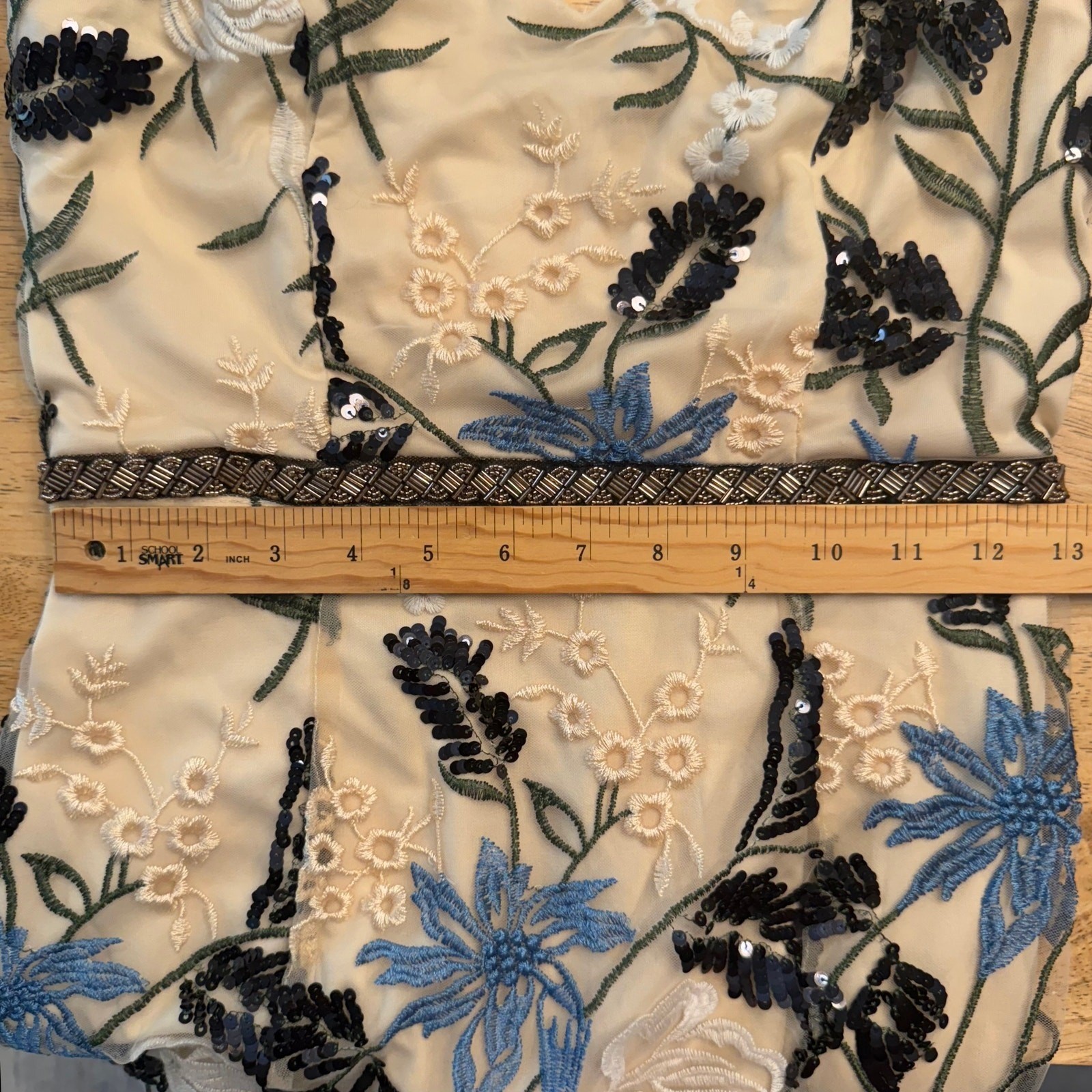 Lulus Embroidered Tulle Midi Dress S Beige Blue Black Floral Sequin Ruffle Strap
