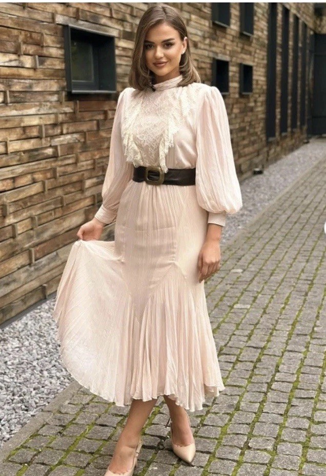 ZARA NEW WOMAN BELTED LACE MIDI DRESS RUFFLE MID ECRU Size L ReF: 5029/198/715
