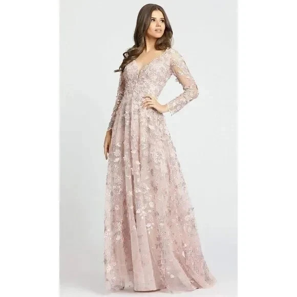 Mac Duggal 70224 Floral Applique Long Sleeve Illusion Gown Rose Pink Size 12 NWT
