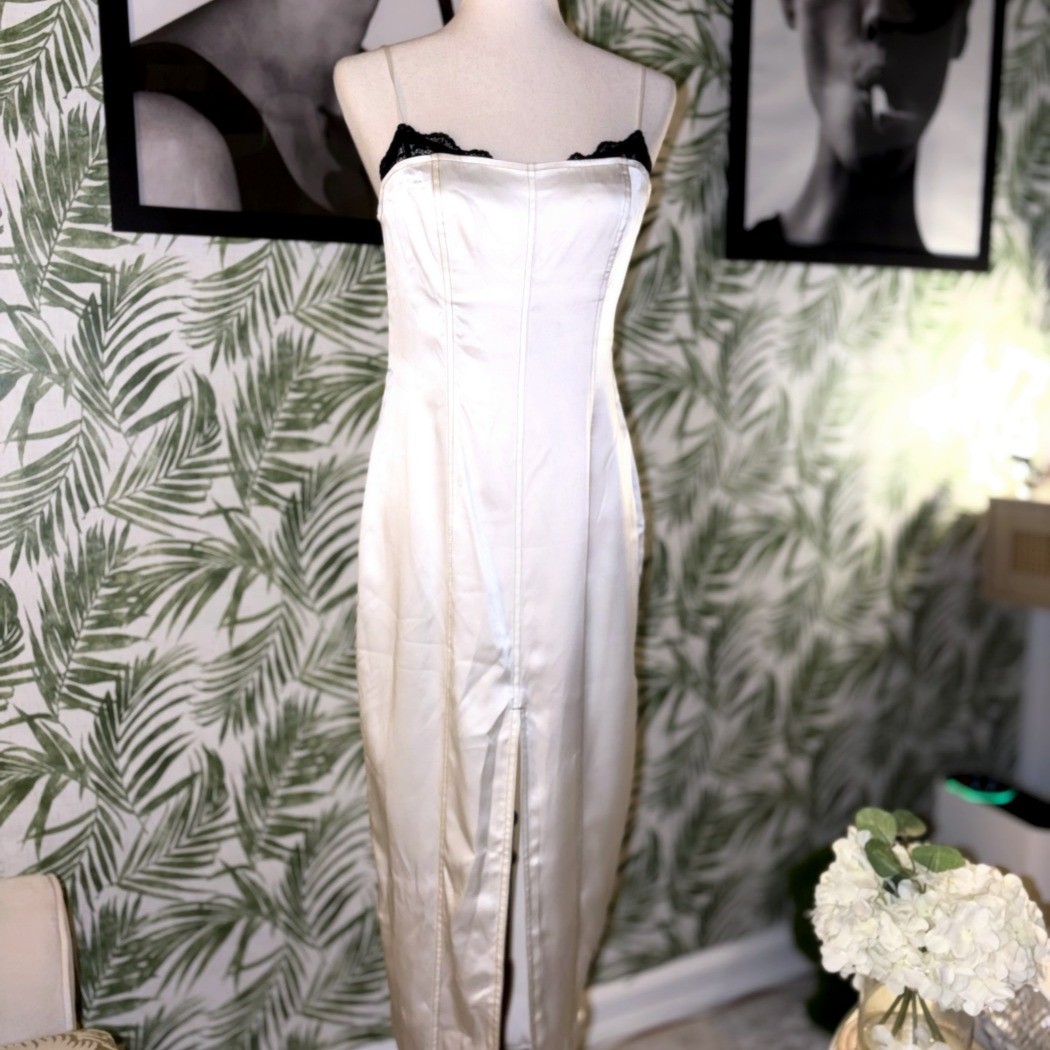 Fleur du Mal Ivory Satin Slip Dress Black Lace Trim Bias Midi Womens Size 8