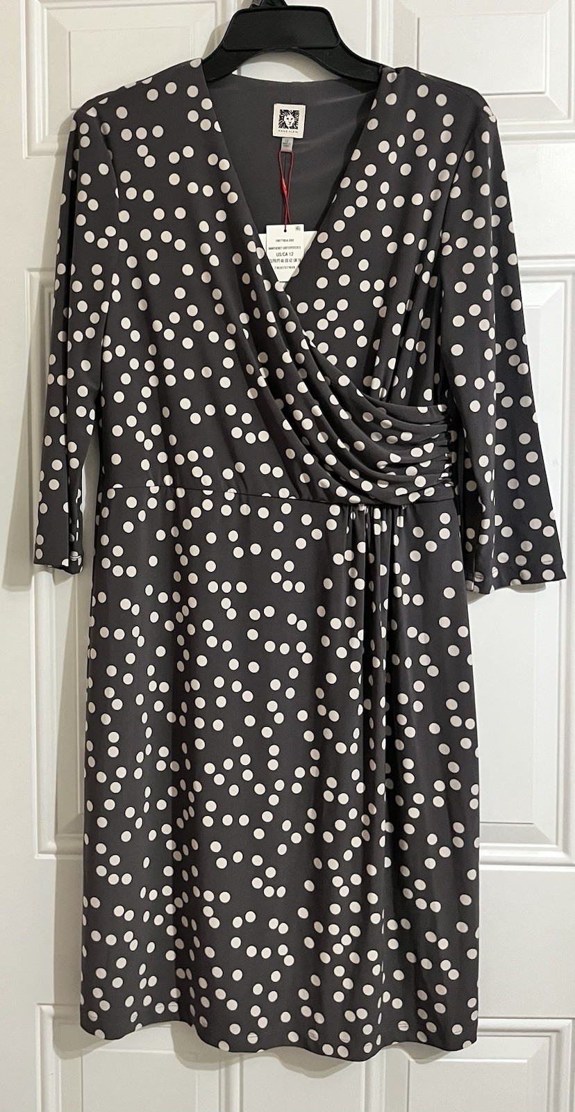 NWT Anne Klein Dress Women’s Large Dot Draped Front Nantucket Grey Oyster Shell