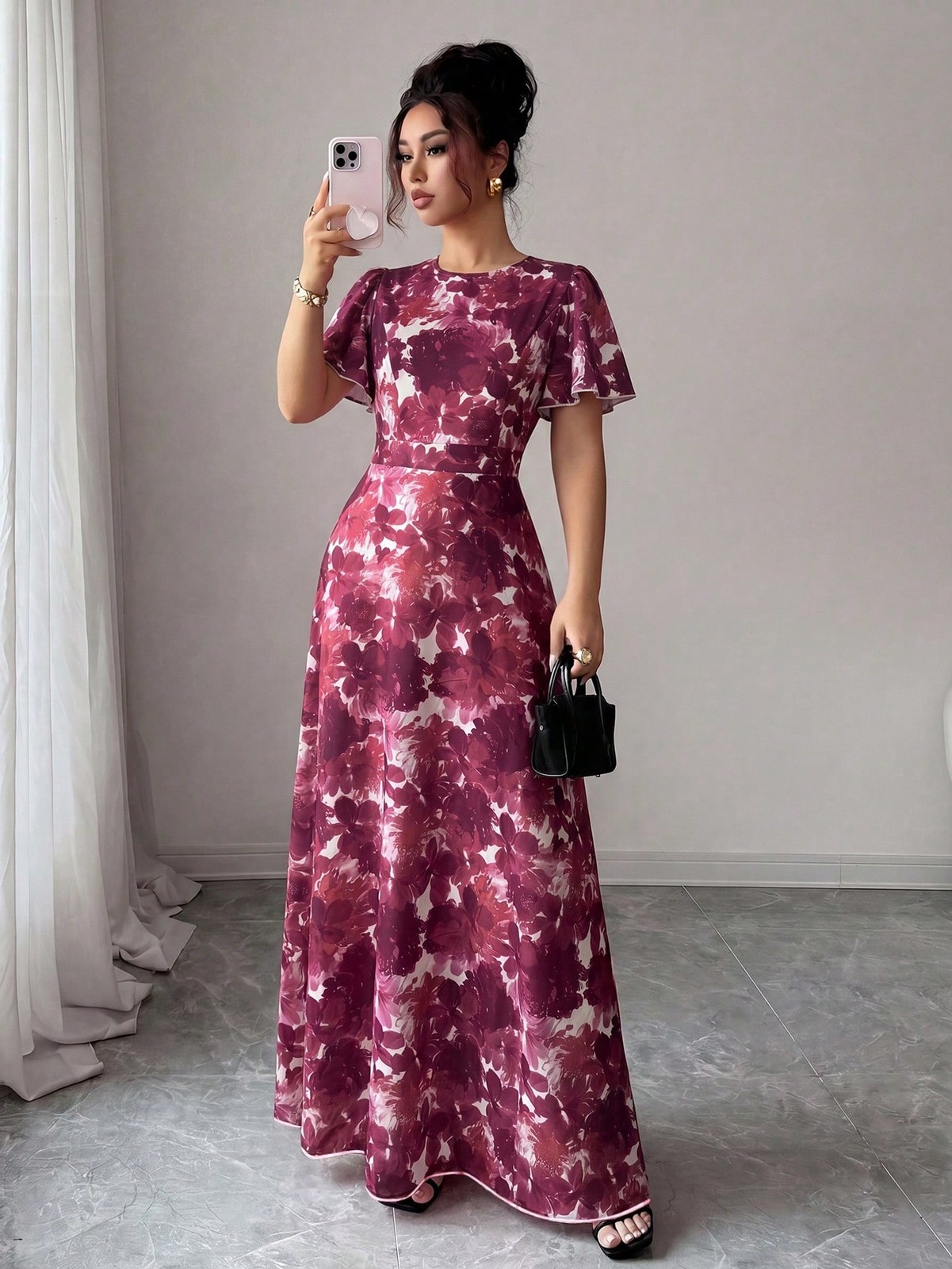 Ladies Elegant Ruffle Sleeve Round Neck Dress