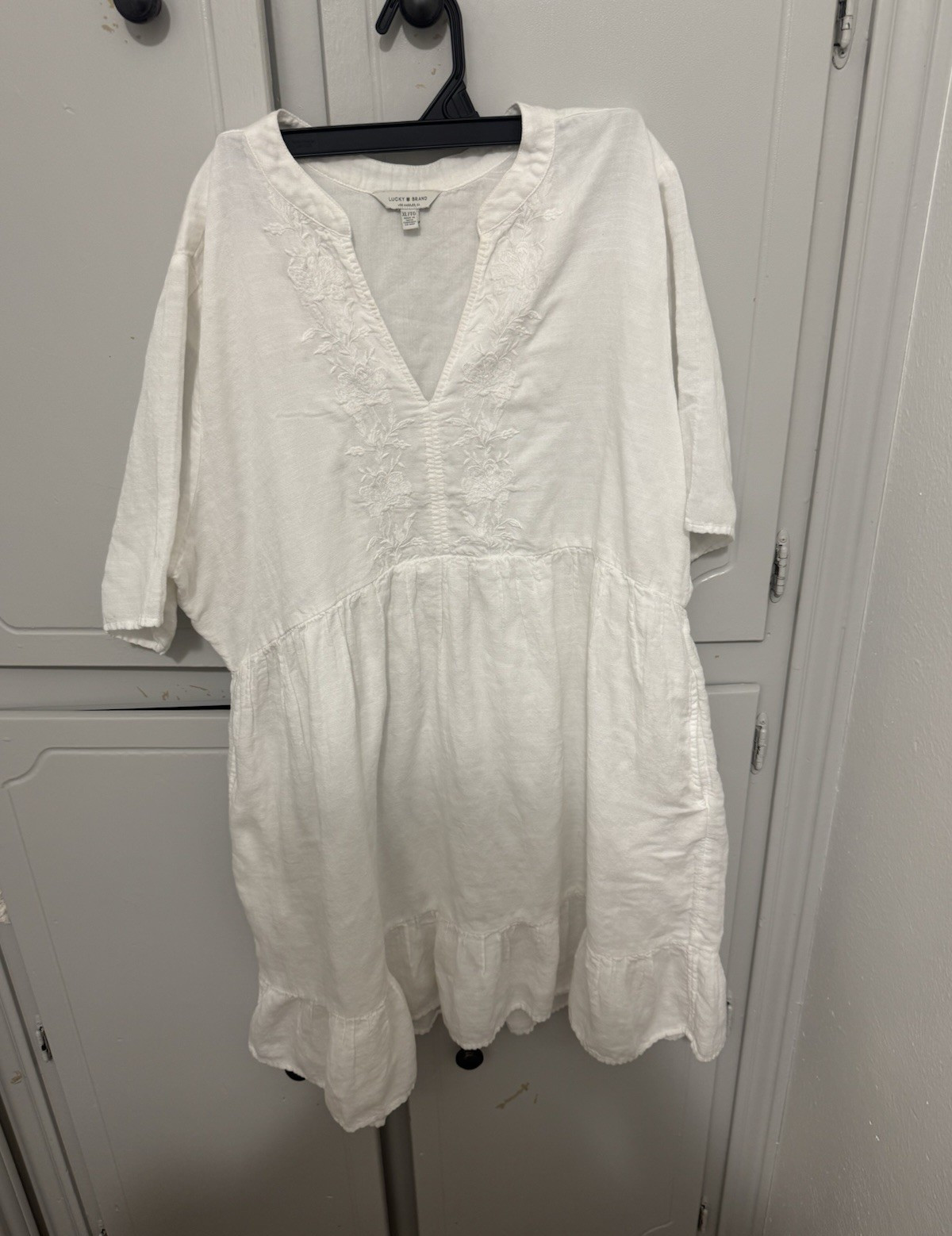 Lucky Brand White Embroidered V-Neck 3/4 Sleeve A-Line Dress Size XL/TG