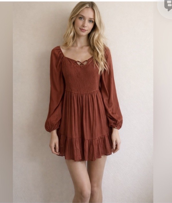 Promesa Rust Smocked Babydoll Mini Dress Long Sleeve Ruffle Tie Sizes S, M, or L