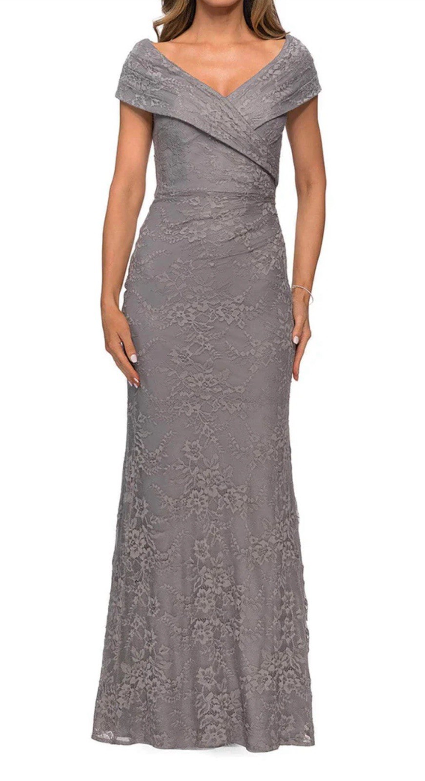 New La Femme V-Neck Off Shoulder Knit Lace Sheath Long Dress Platinum Size 8