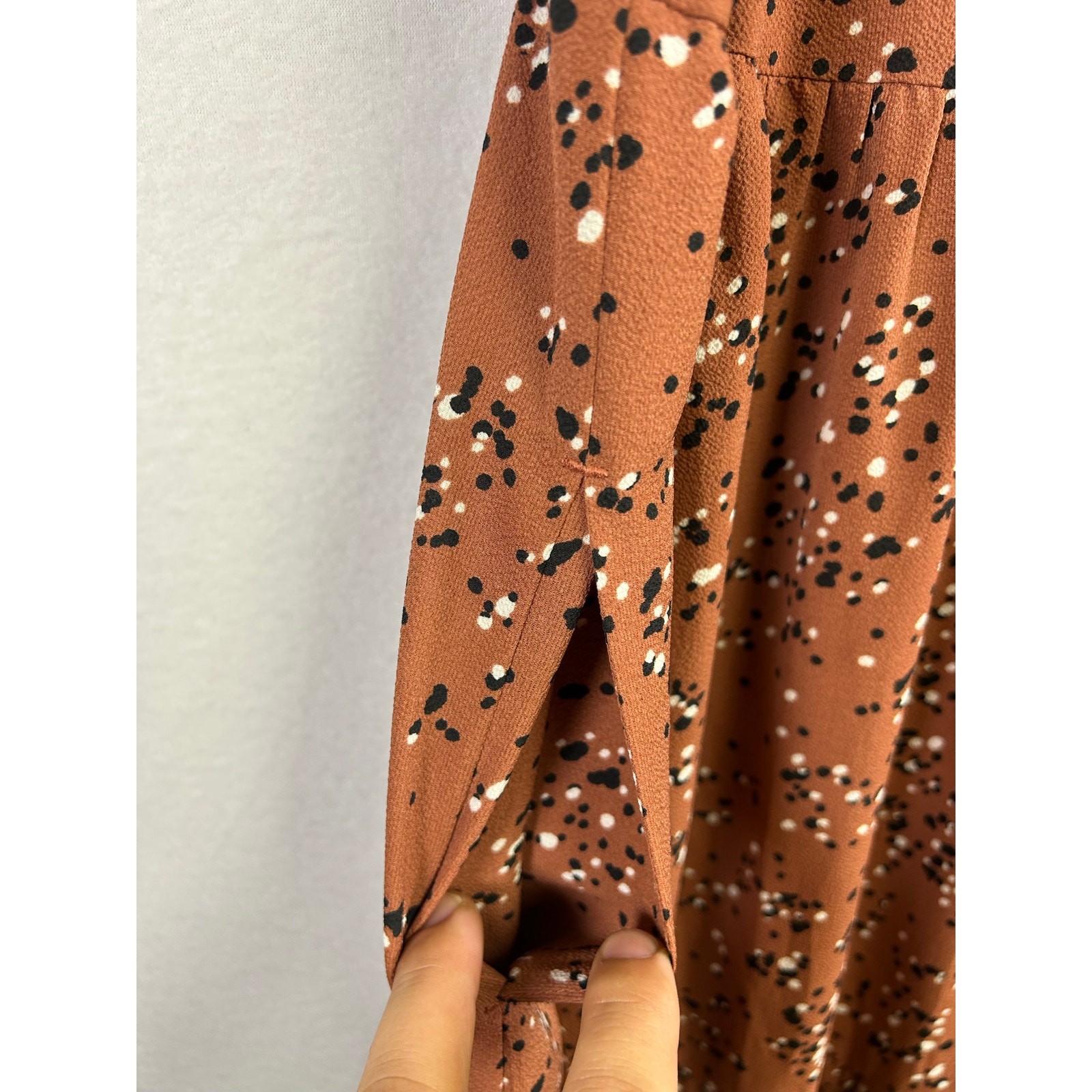 Boho Feminine Brannan Brown Dress – Rust with Black & White Dots, Size L