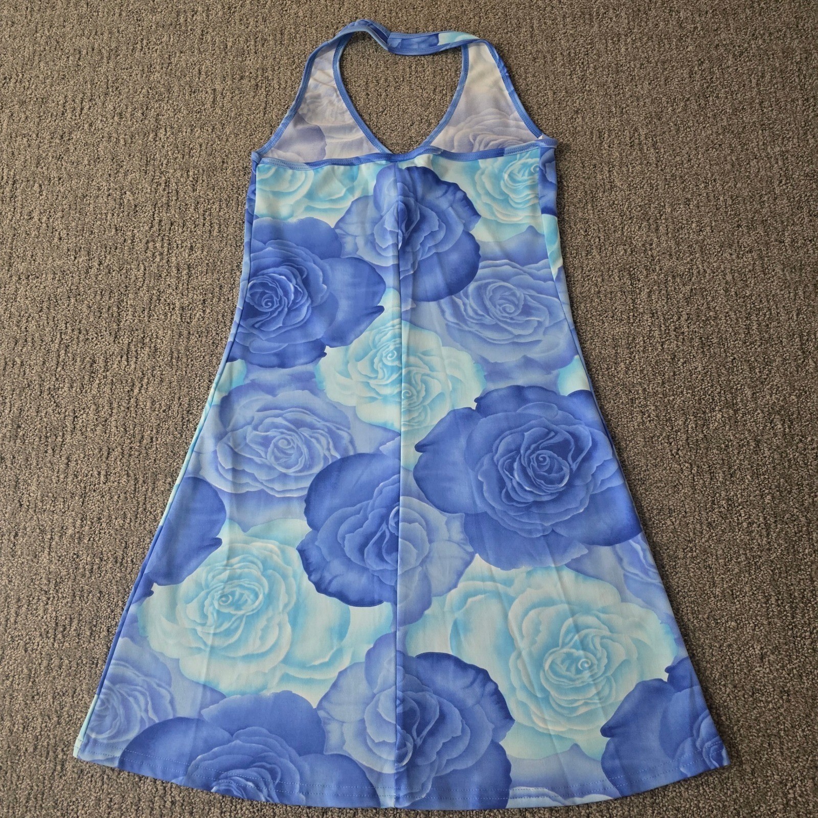 Vintage Y2K Beware Floral Blue Mini Dress Halter Coquette Size M