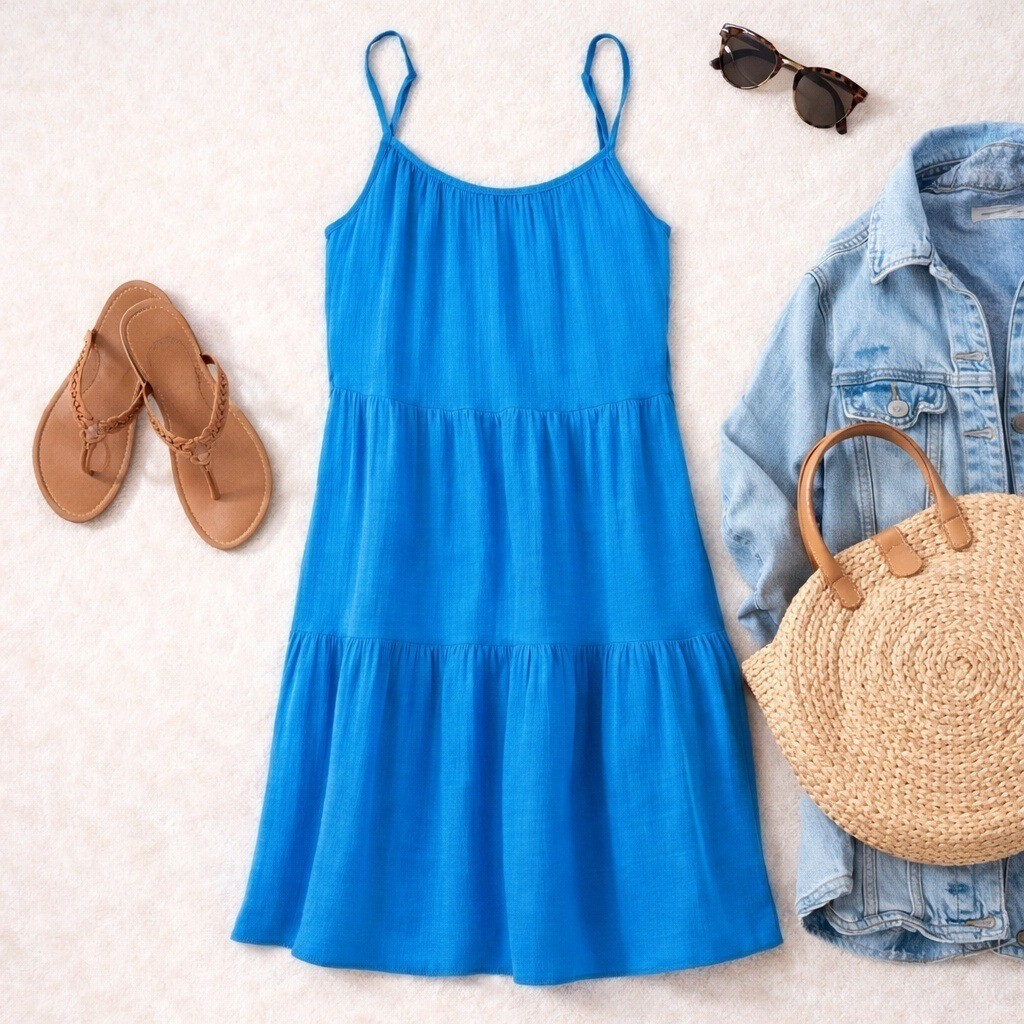 Blue Tiered Mini Dress Spaghetti Strap Summer Casual Pockets XXL