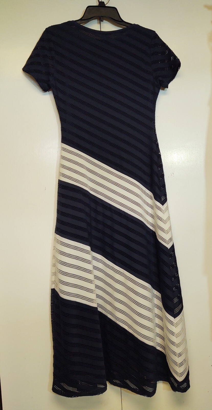 TRULLI Maxi Dress Navy White Size Small Diagonal Stripe Lined Pointelle