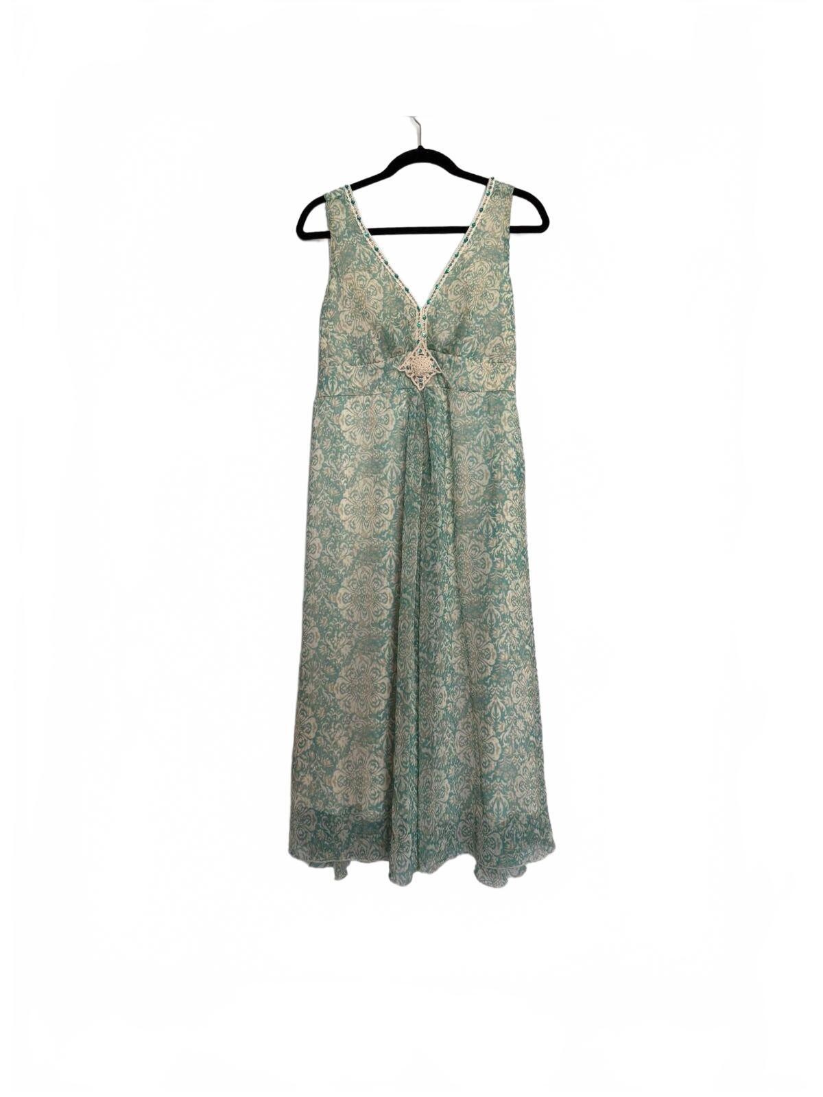 Vintage Green and Cream Floral Maxi Dress with Beaded V-Neck