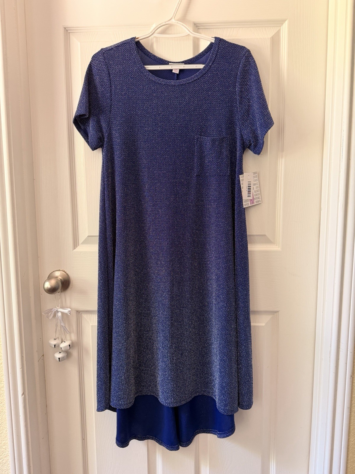 LuLaRoe M Blue Solid Carly T-Shirt Dress Pockets Metallic Knit Hi-Low