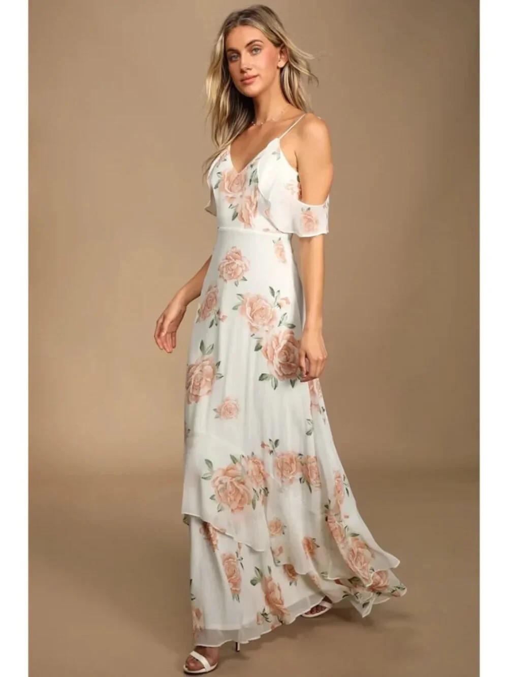 Lulus Take You There Ivory Floral Maxi Dress Cold Shoulder Ruffle Wedding Guest