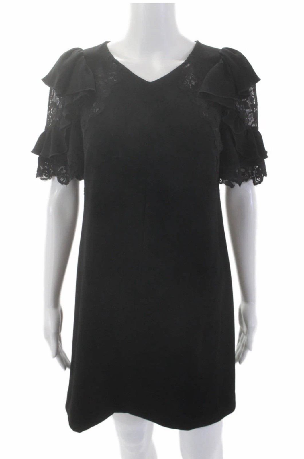 Rebecca Taylor Black Ruffle Sleeve Lace Trim Shift Dress Size 4 Elegant Modern