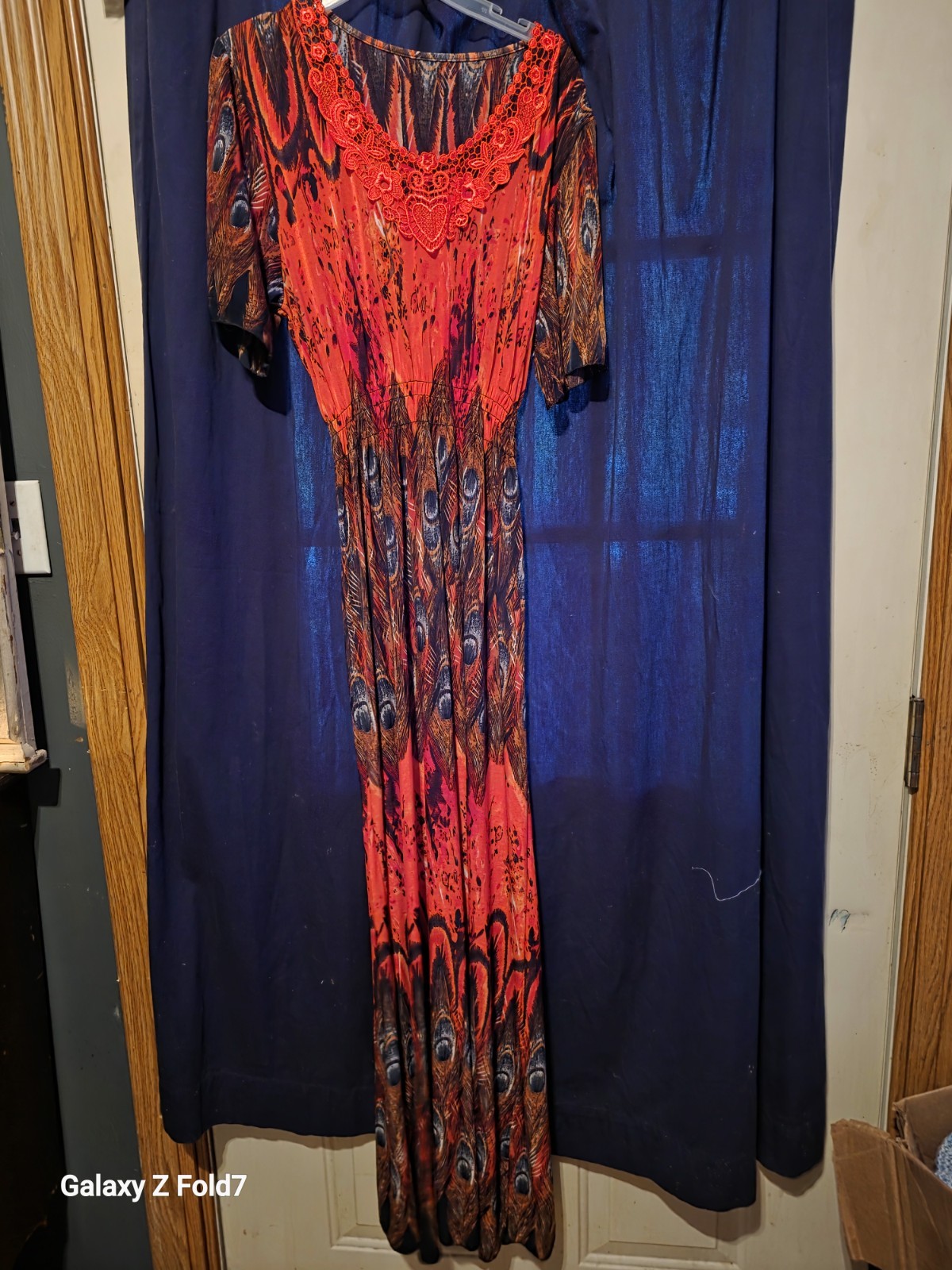 Women’s S Orange Brown Black Animal Print Lace Scoop Neck Short Sleeve Maxi
