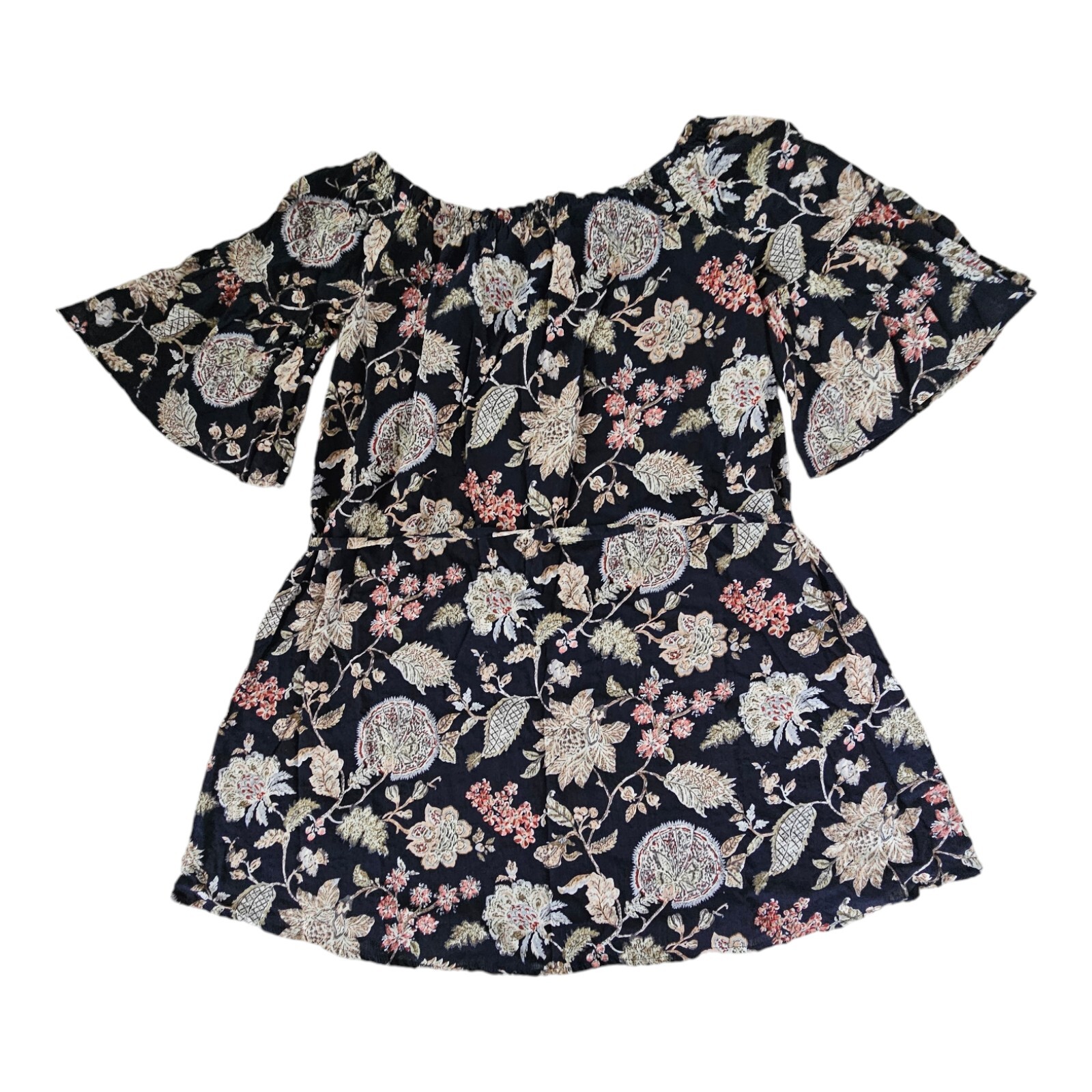 Umgee USA Navy Floral Boho Babydoll Dress Women’s Small Lined Bell Sleeve