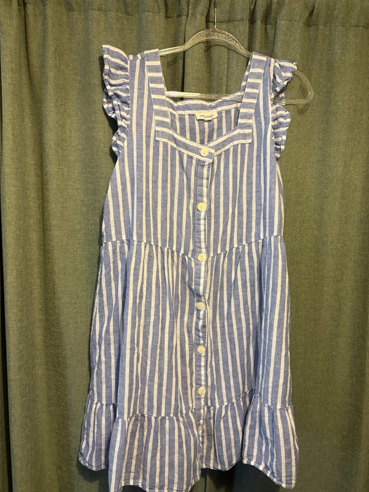 beachlunchlounge Blue/White Striped Fit & Flare Ruffle Button Dress XL
