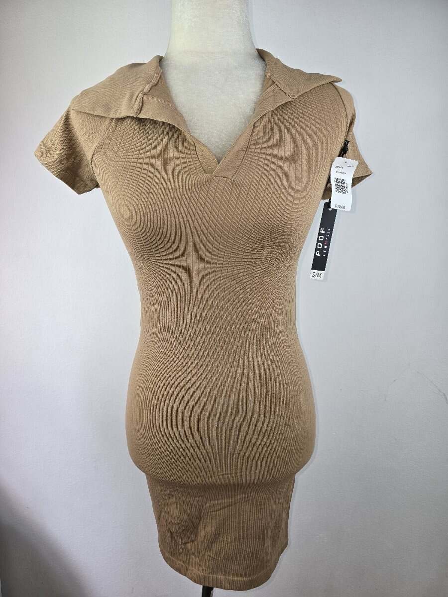 NWT! POOF NEW YORK Size S/M Women’s Tan Ribbed Collared Bodycon Dress