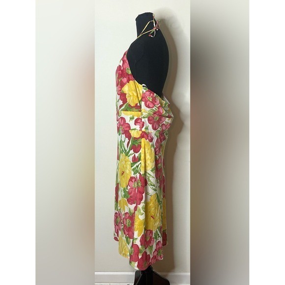 Ann Taylor Loft Silk Floral Halter Midi Dress Pink Yellow Size 16 Open Back