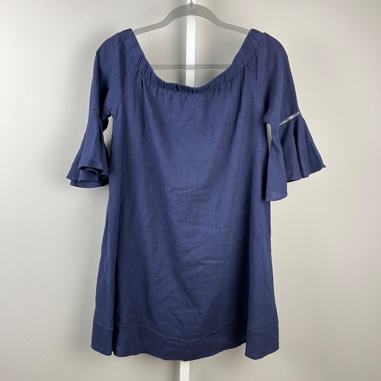 Forcynthia Beachwear Linen Blend Tunic Dress Womens S Navy Blue Off Shoulder