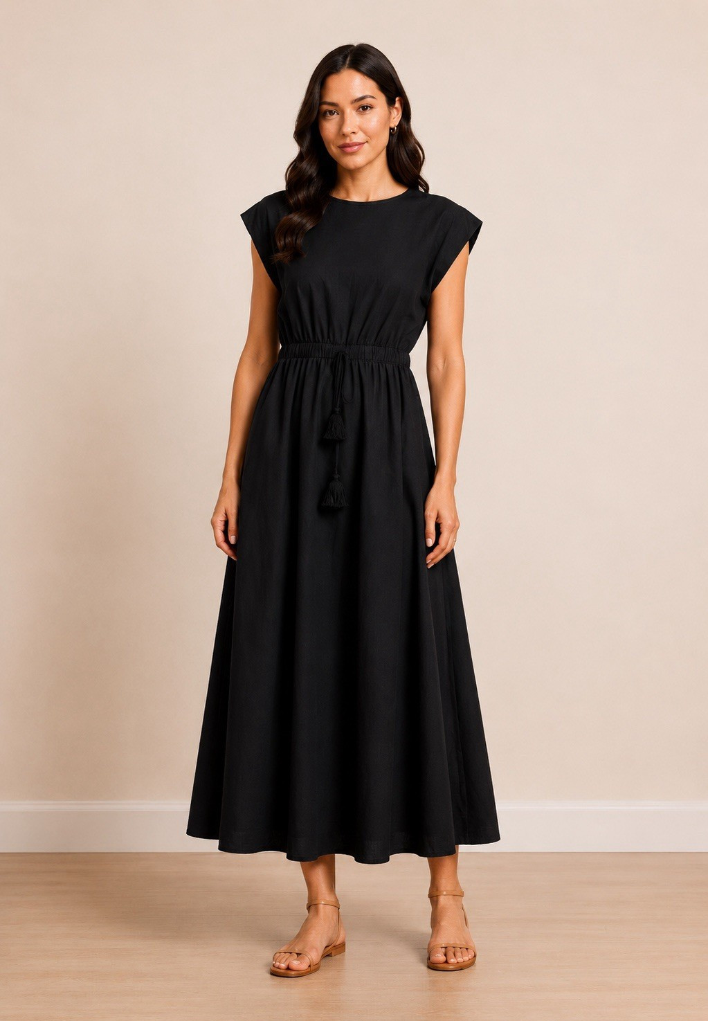 I.M.S Black Solid A-Line Midi Dress Round Neck Sleeveless Elastic Tassel Tie M