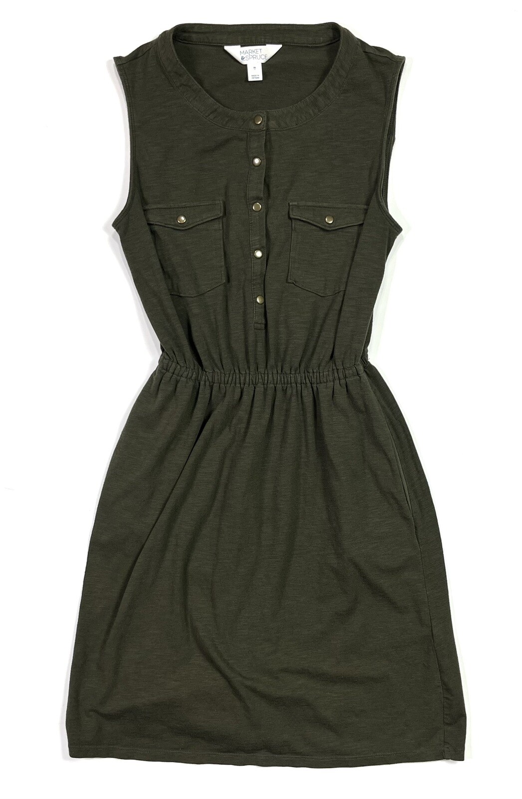 Market & Spruce Dress Womens XS Olive Green Button Sleeveless W/ Front Pockets
