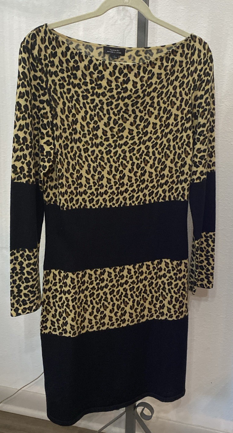 Tahari Knit Long Sleeve Sweater Dress Animal Print beige, black and brown MSRP