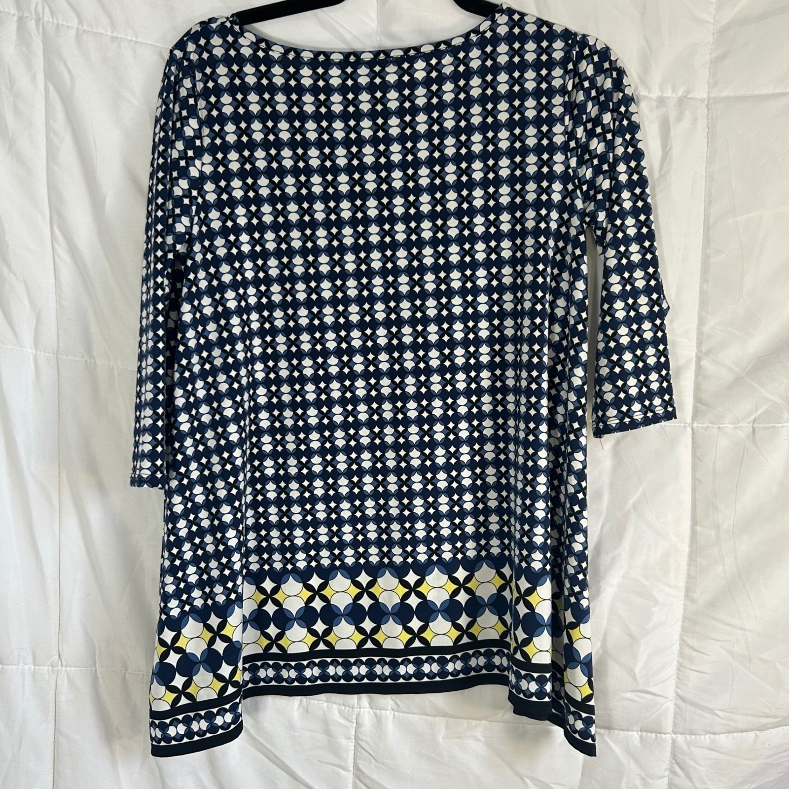 Max Edition Geometric Print 3/4 Sleeve Shift Dress Womens Size S Blu White Yell