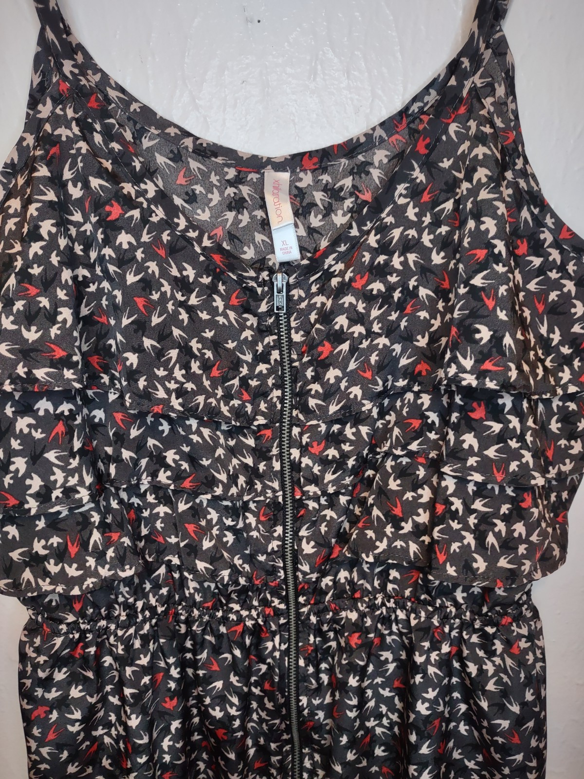 Y2K Zip Front Spaghetti Strap Bird Pattern Dress Skater/Grunge Above The Knee…